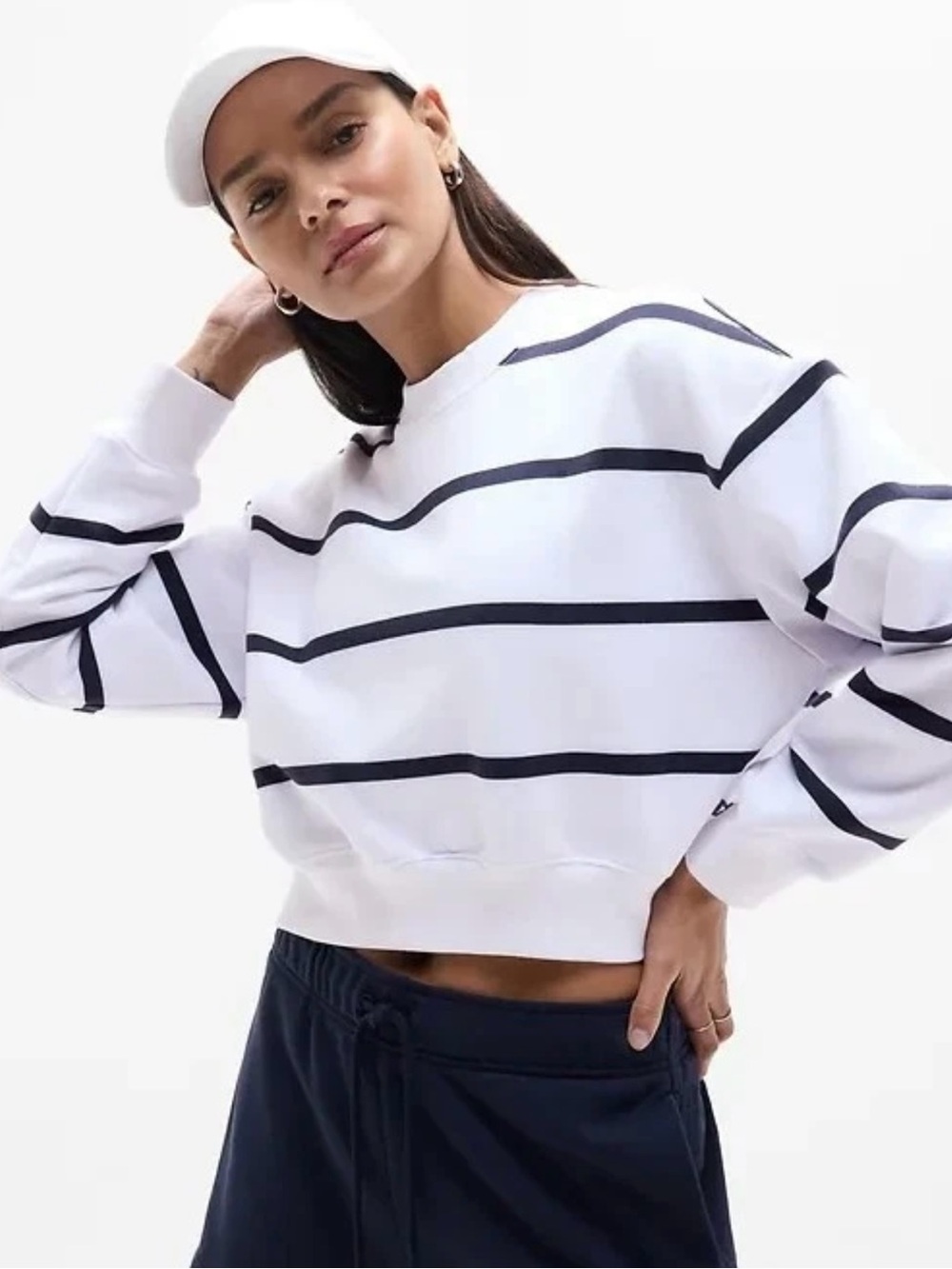 Athleta White Crewneck Sweatshirt with Navy Stripes crop